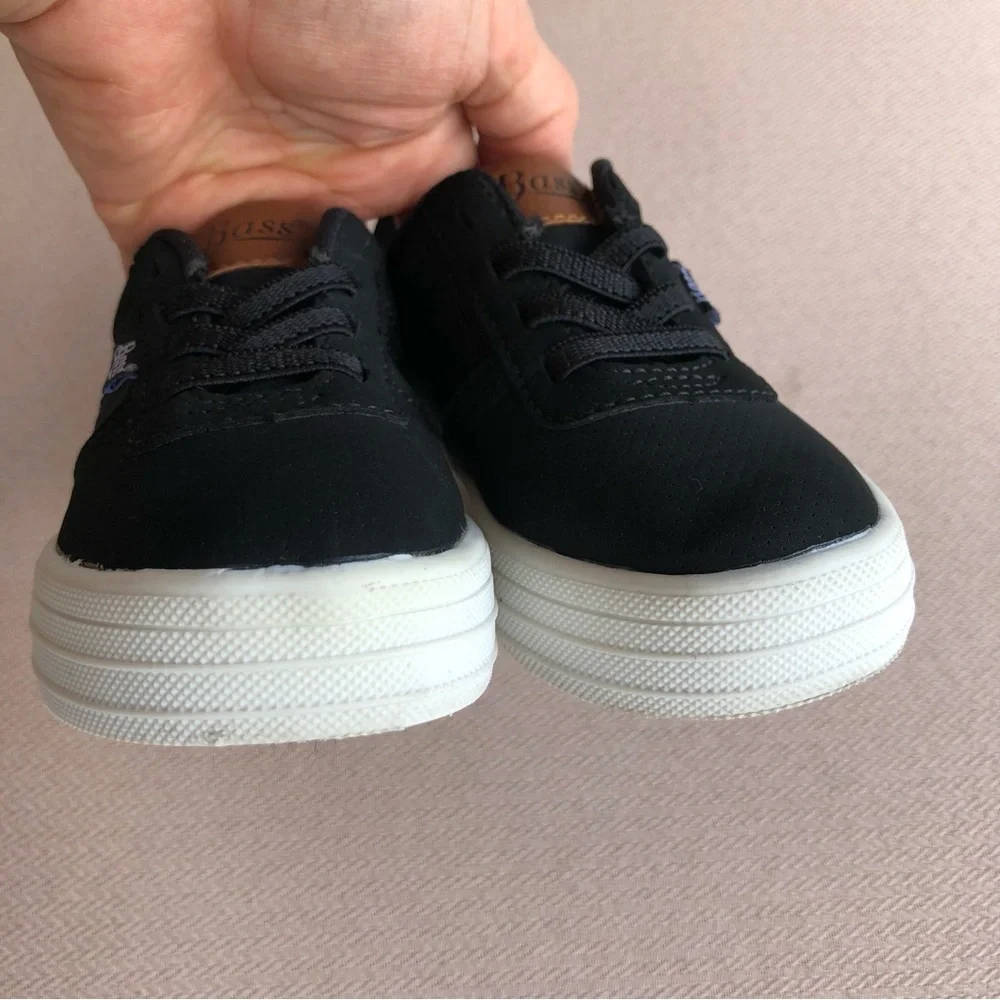 Bass Black Canvas / Leather Elastic Stretch Laces Slip‎ On  Baby Shoes 7
